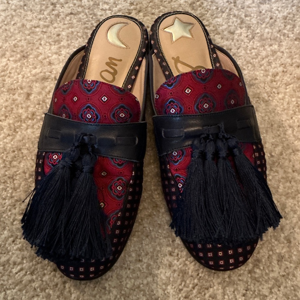 Sam Edelman Red and Navy Tassel Backless Mules